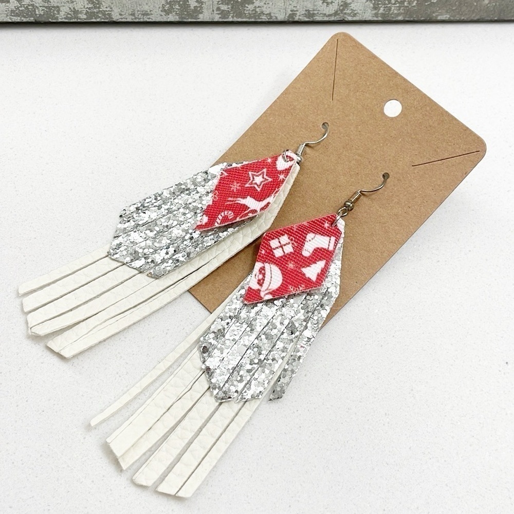 Christmas print glitter tassel hand made earrings